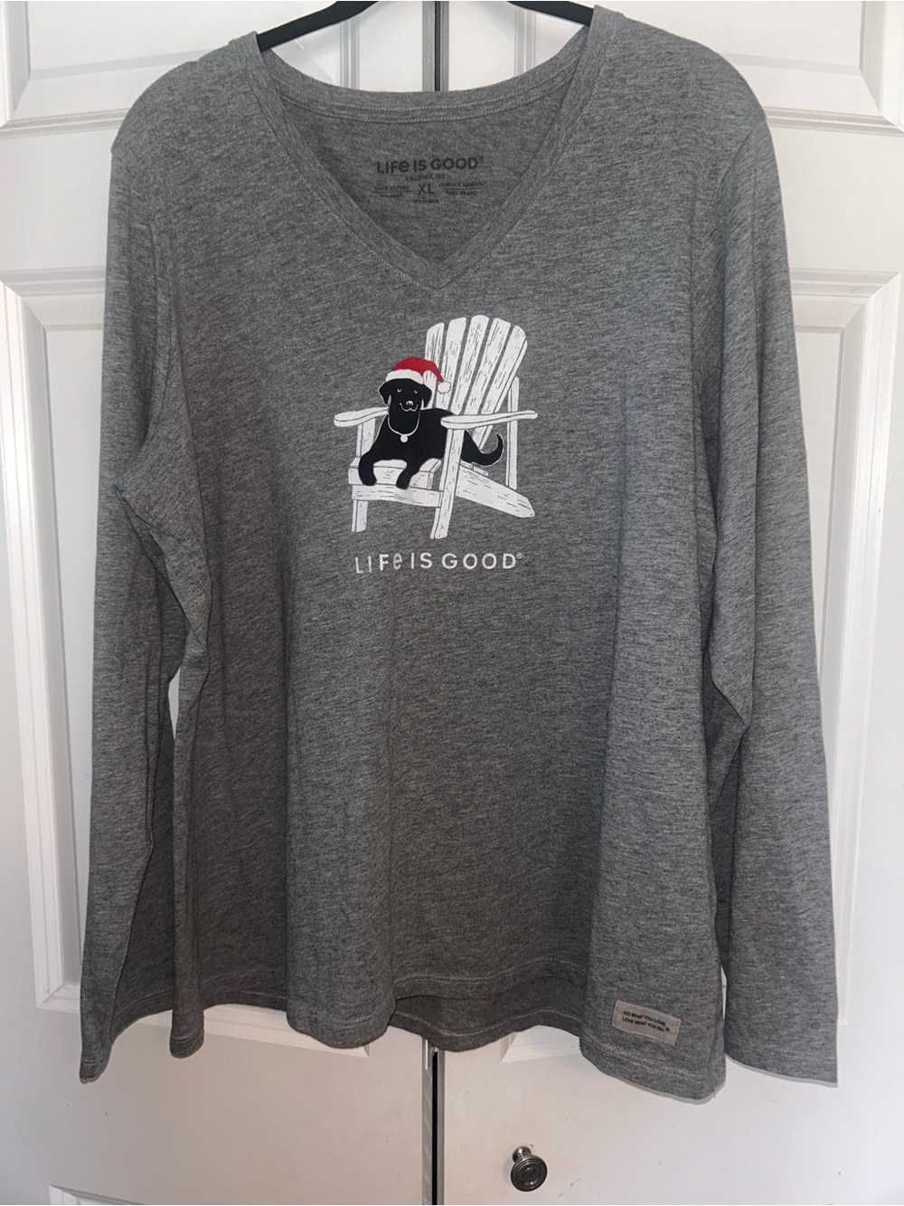 Life is Good women’s Gray V-Neck Long-Sleeve Sweater - Dog Graphic